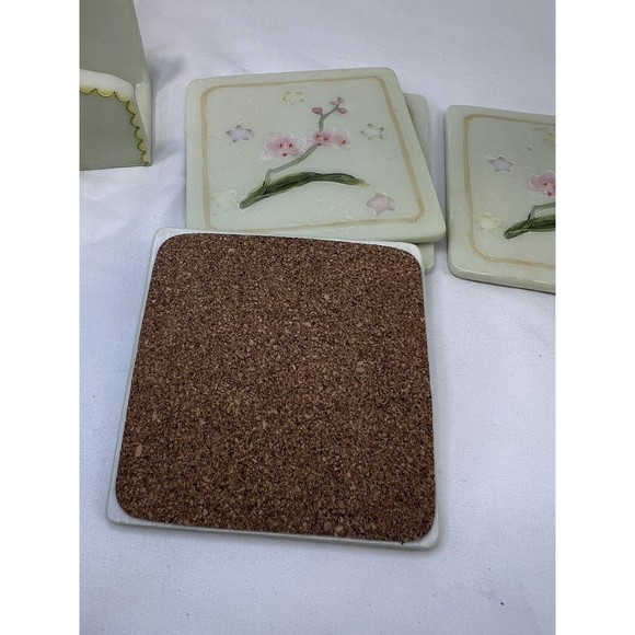 Set Of 4 Stone Hand Painted Coasters W Holder‎ 3D Butterfly & Flowers Sculpture - Picture 7 of 13